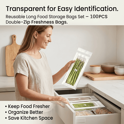 🔥 49% OFF Limited Offer – 🥬 Reusable Long Food Storage Bags, Double-Zip Seal Freshness Bags for Kitchen