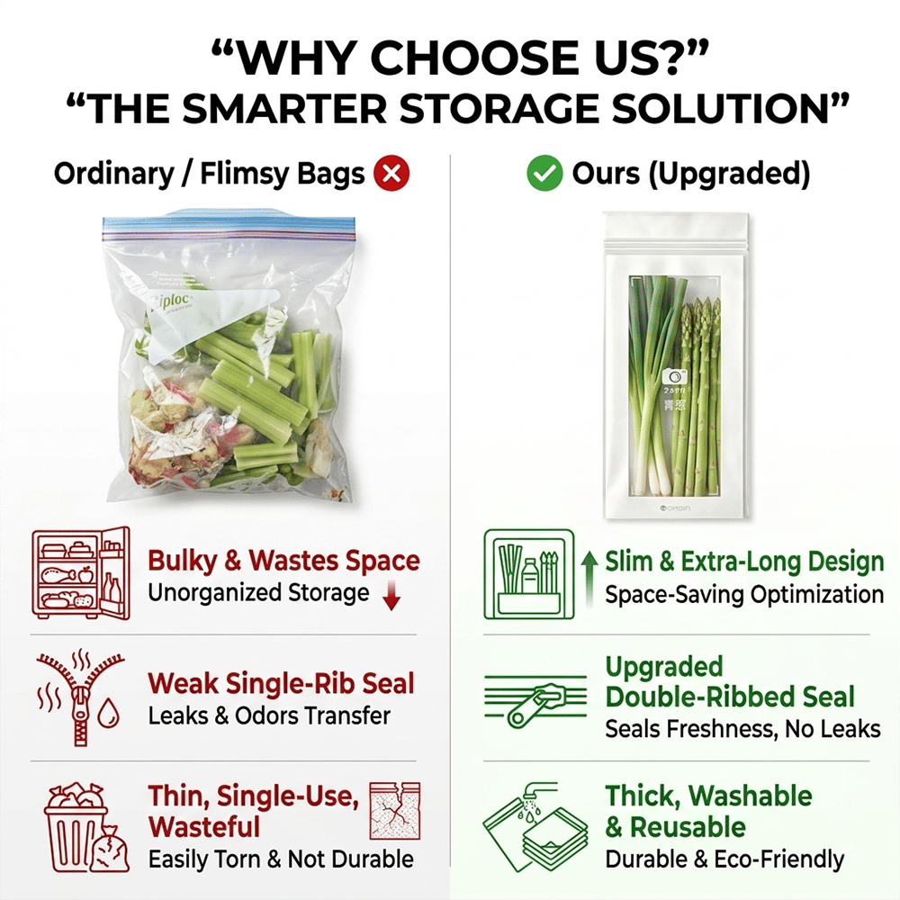 🔥 49% OFF Limited Offer – 🥬 Reusable Long Food Storage Bags, Double-Zip Seal Freshness Bags for Kitchen