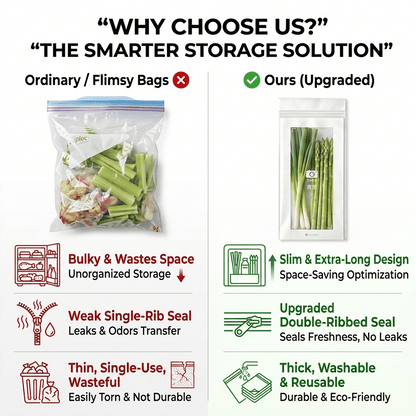 🔥 49% OFF Limited Offer – 🥬 Reusable Long Food Storage Bags, Double-Zip Seal Freshness Bags for Kitchen