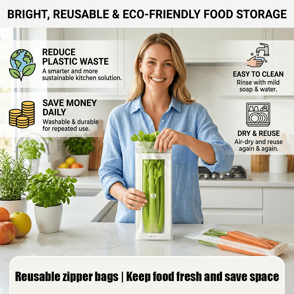 🔥 49% OFF Limited Offer – 🥬 Reusable Long Food Storage Bags, Double-Zip Seal Freshness Bags for Kitchen