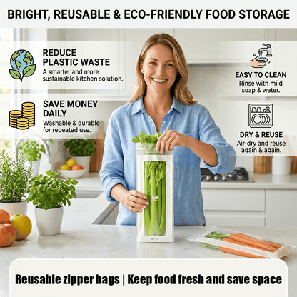 🔥 49% OFF Limited Offer – 🥬 Reusable Long Food Storage Bags, Double-Zip Seal Freshness Bags for Kitchen